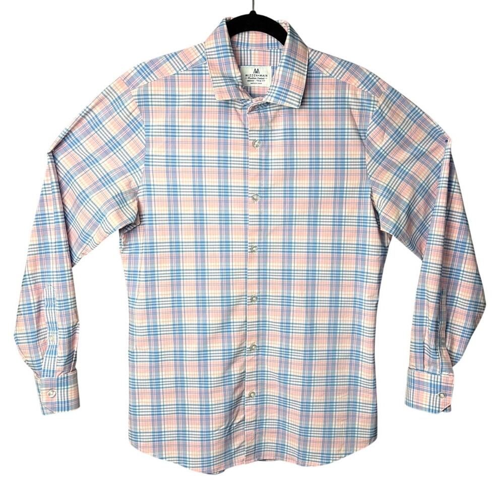 Mizzen+Main Savannah Button Down Shirt Pink Blue Plaid SZ M Trim Fit Performance